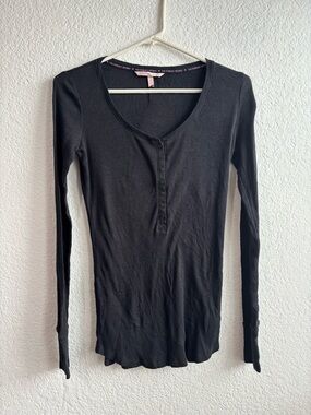 PINK Victoria's Secret Black Long-Sleeve Henley Ribbed Thermal Top Small